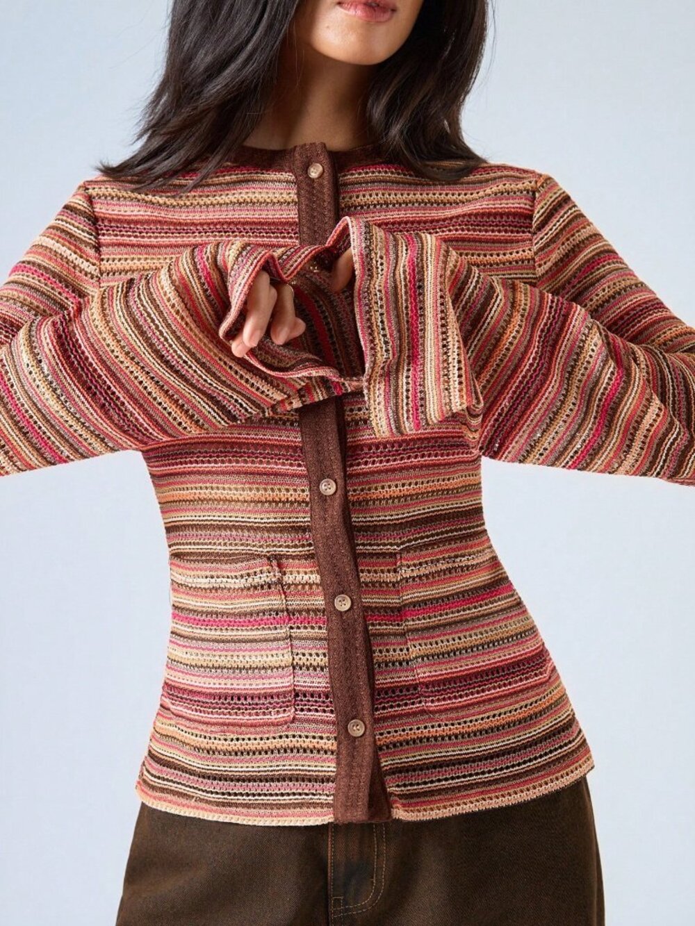 Multicolor Casual Women's Rib-Knit Button Front Single-Breasted Crochet T-Shirt